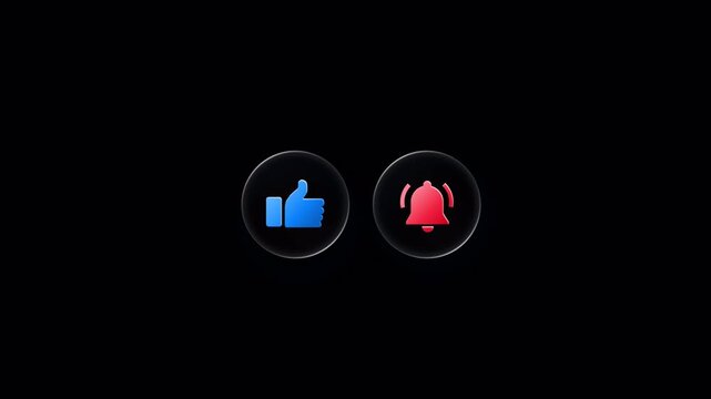 Glowing like and notification bell icons animate dynamically against a dark background video
