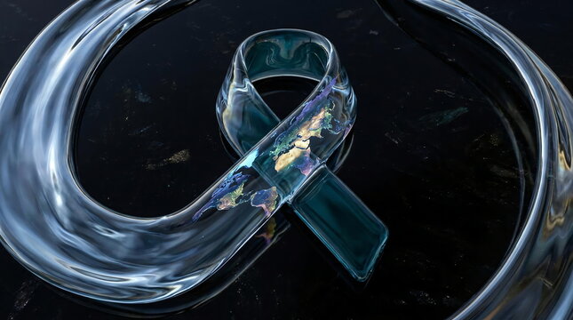 Crystal glass knot sculpture on dark reflective surface.