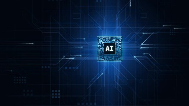 Dynamic camera angles reveal a glowing AI processor at the center, surrounded by vibrant circuit traces and data packets, showcasing a futuristic cyber aesthetic with rich blue tones.