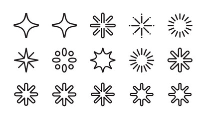 Obraz premium Set of black outlined starburst icons and sparkling elements isolated on white background for design decoration.