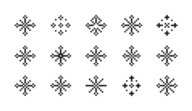 Abstract snowflake and crystal pixel symbols set for winter holiday gaming interface and digital ornaments.