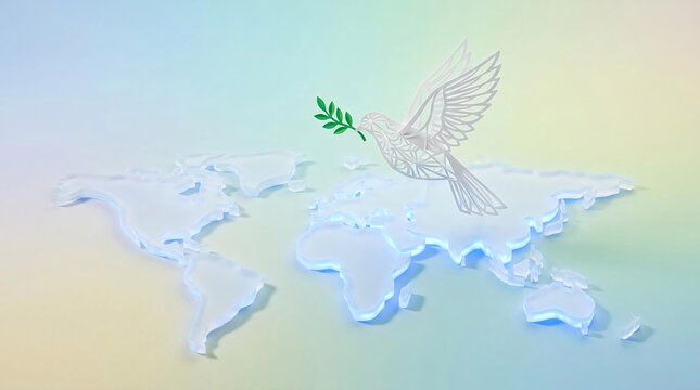 Crystal world map and dove with olive branch.