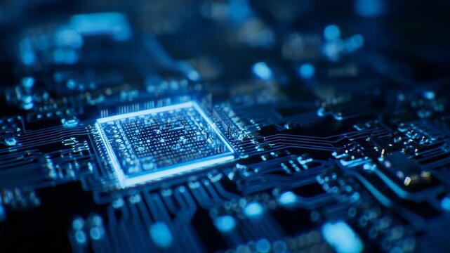 The showcases the intricate details of an electronic circuit board with blue lights illuminating its surface. This high-resolution captures the precise components and pathways of the microprocessor.