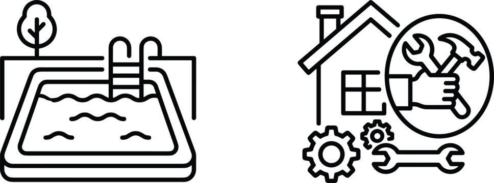 Swimming pool with tree and a house repair icon with wrench, hammer, and gears.