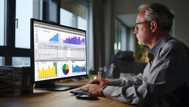 Middle aged businessman looking at financial data charts on computer screen inside modern dark office during evening hours while working remotely and analyzing market trends with professional focus.