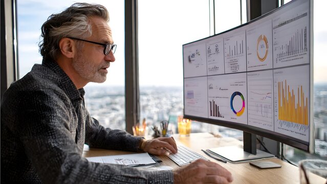 Experienced mature professional sitting at desk looking at widescreen monitor displaying multiple financial dashboard widgets and analytical data charts inside modern office with city window view.