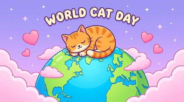 Cute cartoon cat sleeping on earth for World Cat Day.