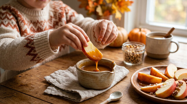 Child dipping apple slice into caramel sauce at autumn-themed table  