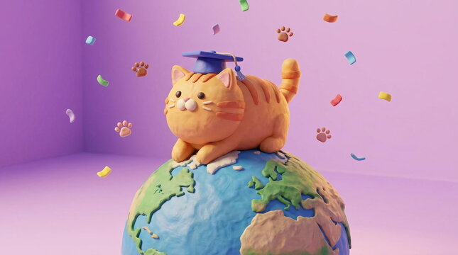 Cute cat in graduation cap sitting on globe.