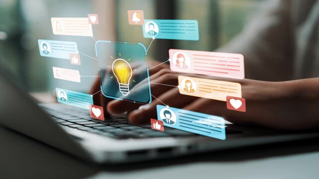 Hands Typing on Laptop with Graphic Overlay of Social Media Icons and Light Bulb Symbolizing Ideas and Innovation in Digital Communication. Entropy.