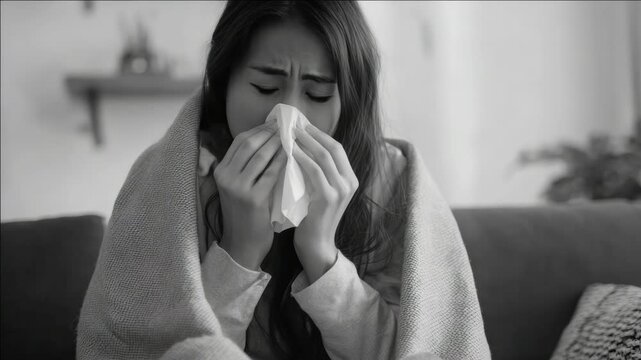 A young woman crying and blowing her nose with a tissue. She is sitting on a couch.
