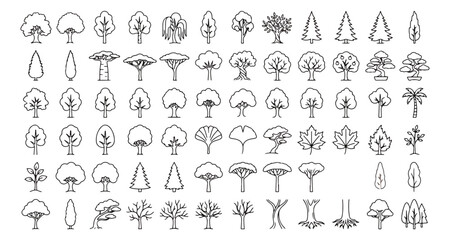 Minimalist tree line icons, 66 nature symbols vector set, thin outline forest plant collection © usmi