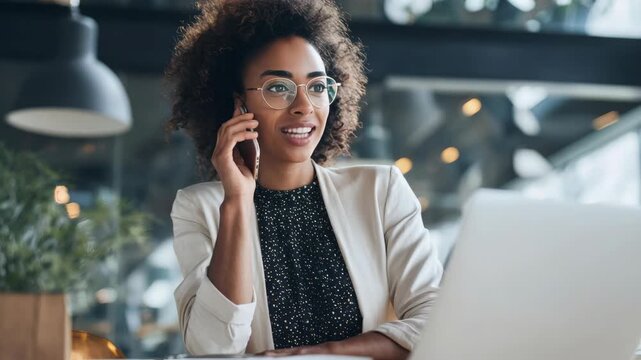 A woman wearing glasses talking on her phone while standing by a desk with a laptop. She is dressed professionally and appears to be focused on the call.