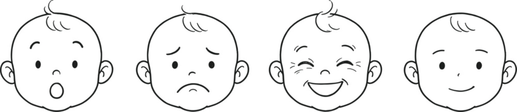 Cute baby face emotion icon set showing different facial expressions including surprised sad crying laughing happy and neutral expressions outline vector illustration