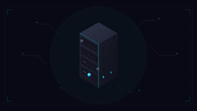 Isometric server rack processing digital data blocks