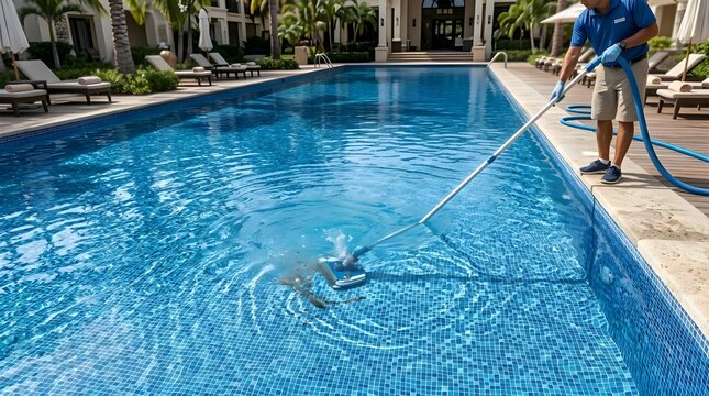 a man cleaning a swimming pool