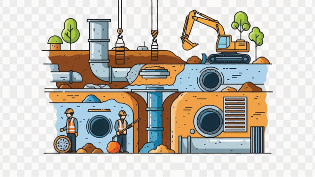 Cross-Section of Underground Utility Construction: Pipe Laying, Sewer System Installation, and Excavation Work by Engineers.