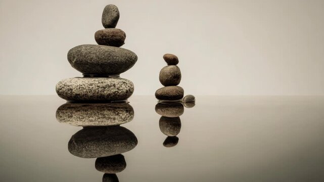 depicting three stacks of stones with their reflections on a reflective surface, symbolizing balance and harmony.