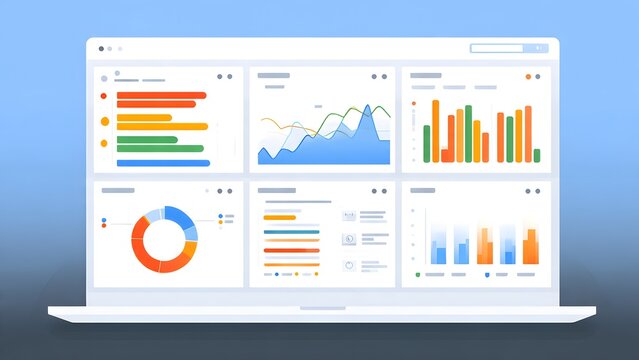 Laptop screen showing analytics dashboard with multiple charts graphs and data visualizations for business intelligence and reporting.