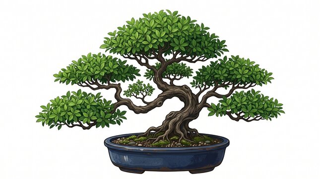 "SPREADING FICUS BONSAI ILLUSTRATION". Digital art of a twisted trunk bonsai with dense green canopy in a deep blue oval ceramic pot with moss and pebbles. Clean white background. Perfect for zen deco