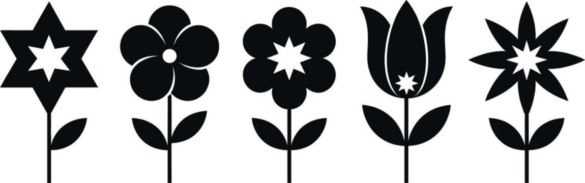 Minimalist flower silhouette icon set with various floral shapes including tulip blossom star flower daisy and blooming plants with stems isolated on white background vector
