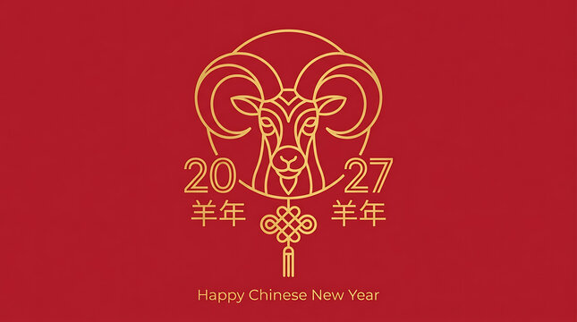 Minimalist chinese new year 2027 greeting card with a line art goat zodiac sign and chinese knot on a red background