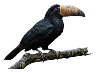 Obraz premium Detailed black aracari bird perched on a wet mossy branch with glossy feathers isolated transparent background image
