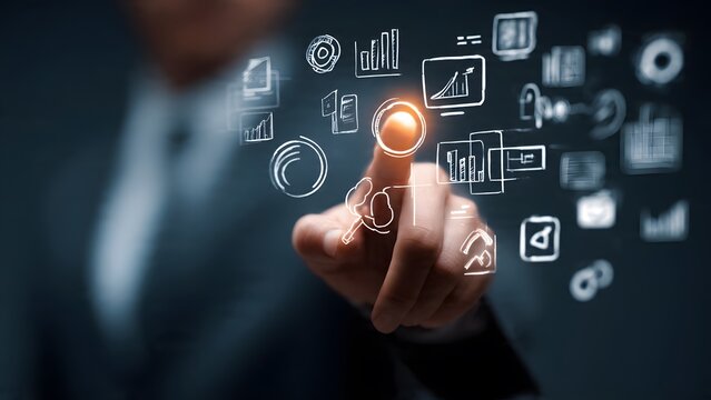 Businessman interacting with holographic digital interface showing various project icons data flow charts business growth strategy innovation tech concepts virtual reality environment.