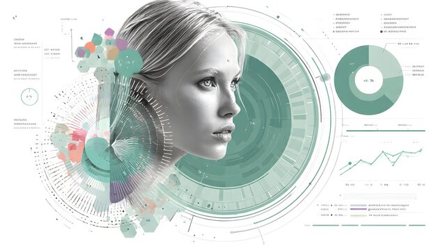Portrait of young blonde woman merged with holographic data visualizations charts circles science technology interface futuristic aesthetic beauty portrait digital information processing.