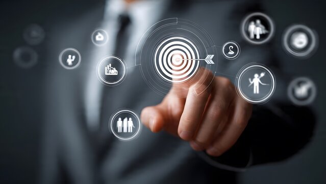 Businessman hand activating digital target interface with surrounding icons representing strategy growth connectivity business planning management tech ecosystem virtual interactive.