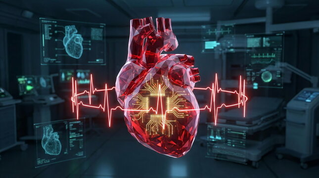 Digital anatomical heart organ with cardiogram pulse line.