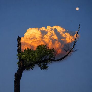 Surreal Glowing Cloud Resting on Tree Branch Under Moonlit Evening Sky
