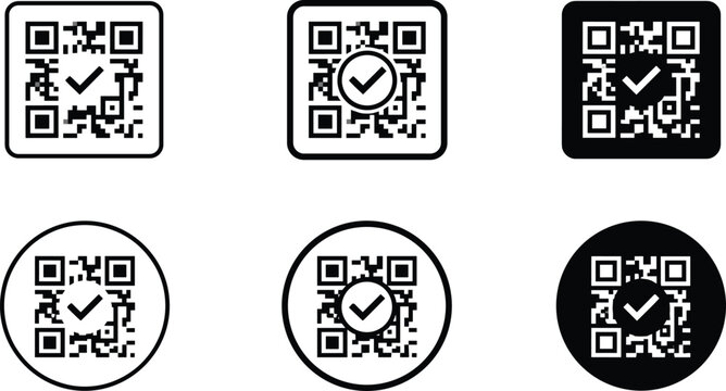 QR code verification icon set with check mark symbols featuring square and circular frames in black and white styles for secure scanning data confirmation vector