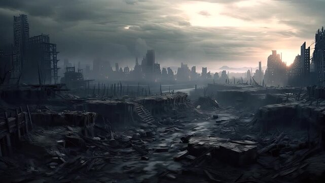 Apocalyptic Wasteland: A desolate landscape of ruined cityscapes under a somber, cloudy sky, evoking a sense of post-apocalyptic desolation and the aftermath of destruction.