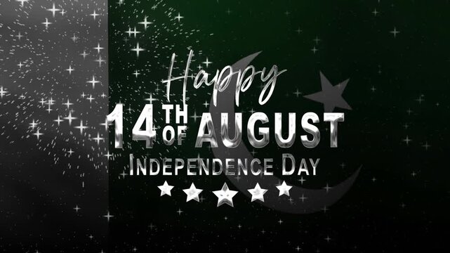 Happy pakistan independence day text animation with waving flag and fireworks. Ideal for patriotic designs and festive promotions.
