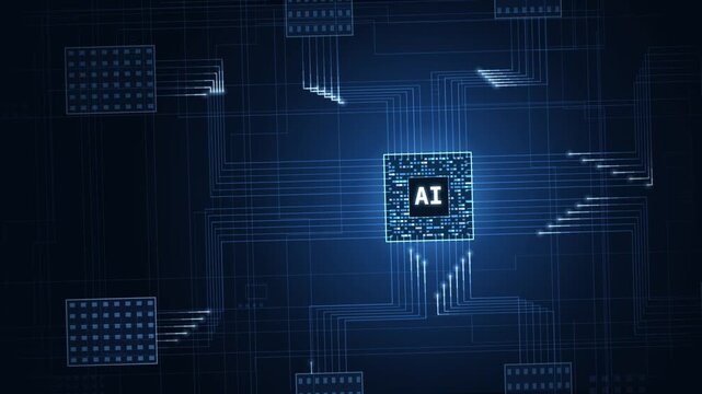 Dynamic Close-Up of an AI Processor with Circuitry in Deep Blue and Glowing Accents, Featuring Text 'AI' at the Center, Evoking a Futuristic Tech Vibe