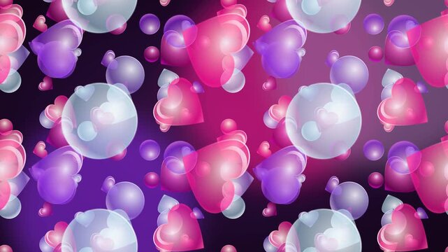 Abstract ethereal glass hearts and bubbles floating in a purple motion graphics background loop