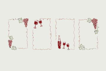 Obraz premium Hand drawn wine menu borders, rustic vineyard frames with grapes and wine glasses, elegant restaurant stationery templates, 4 vector layouts