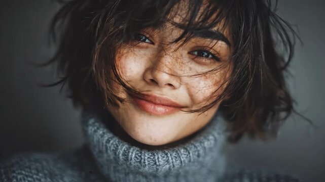 Smiling young woman with freckles and windswept hair in a warm sweater.