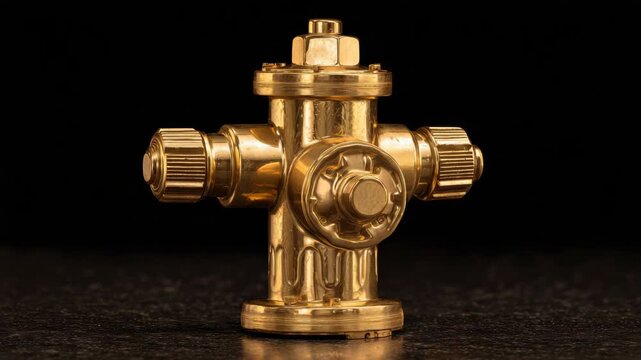 Golden fire hydrant gleams against dark background. Metallic surface reflects light with precision. Compact design stands firmly on textured surface