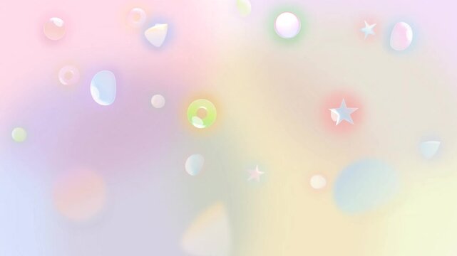 Pastel glass candy bubbles and stars floating on soft abstract background motion graphics loop
