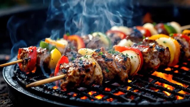 Delicious meat and vegetable skewers grilling over hot coals with smoke rising.