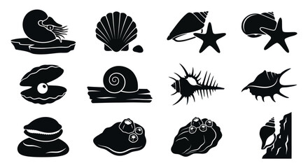 Black sea shell and starfish silhouette icon set. © Bolo
