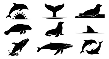 Black silhouettes of dolphins, whales, and seals. © Bolo