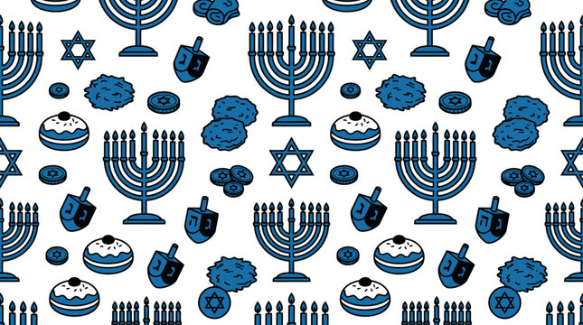 Traditional Hanukkah symbols on a seamless white background