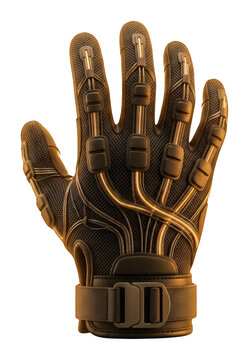 Futuristic black haptic glove with glowing fiber optic sensors for virtual reality isolated transparent background image