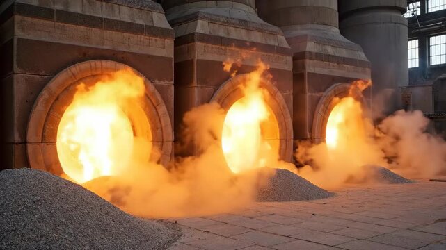 Intense flames and smoke erupt from multiple industrial kilns in a factory.
