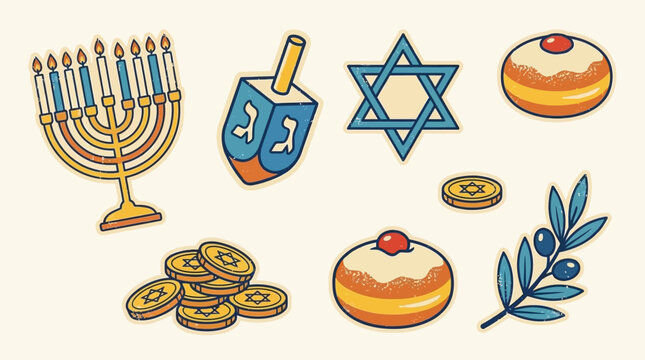 Hanukkah holiday symbols including menorah, dreidel and sufganiyot donuts