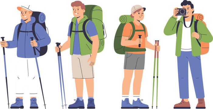 Hiker character group vector illustration featuring young backpackers with trekking poles and camera exploring nature outdoor adventure journey or camping tour