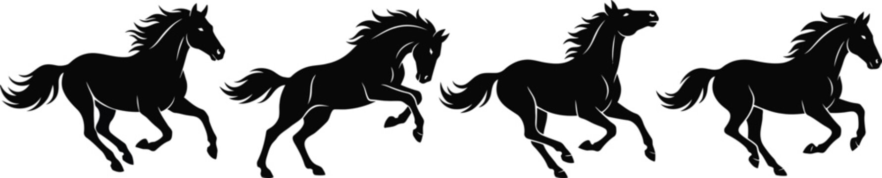 Black horse silhouette collection featuring running and rearing stallions isolated on white background for equestrian design and vector graphics